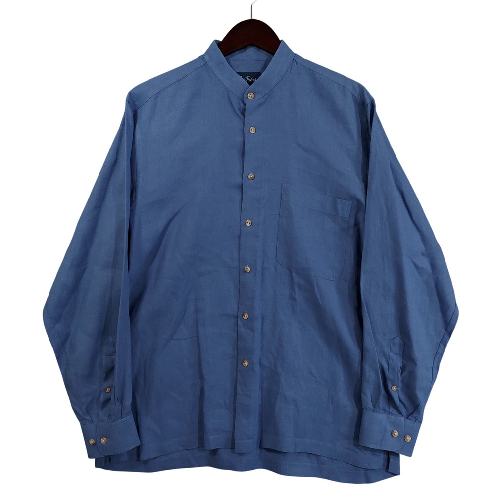 Paul Fredrick Button Down Shirt Mens Medium Blue 100% Linen Banded Collar 12575